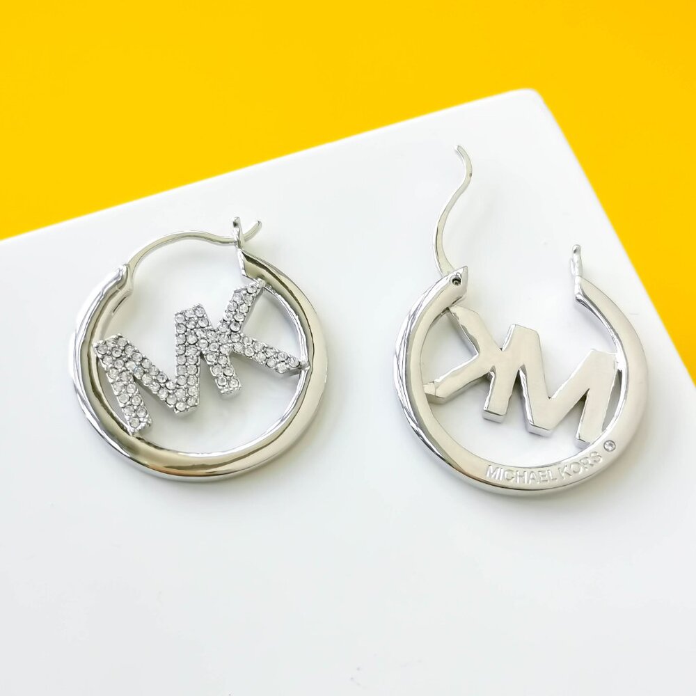 Pave Hollow Logo Silver Plated Hoop Earrings by Michael Kors - Picture 3 of 3